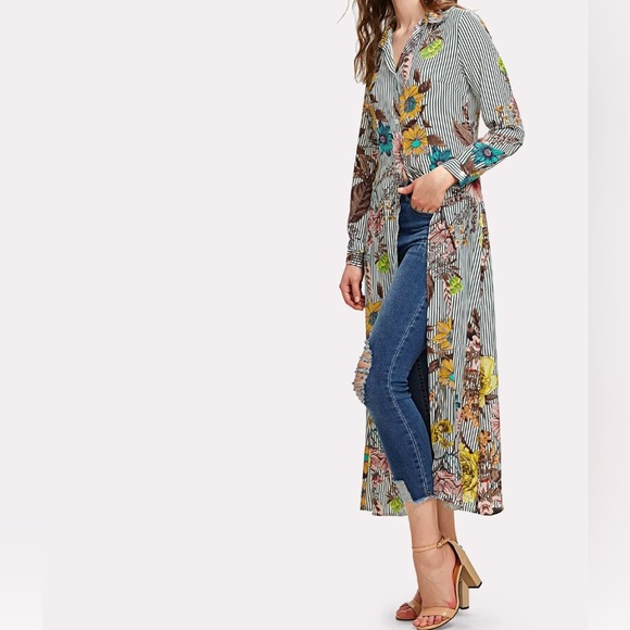 Boho Striped Floral Longline Shirt - Picture 2 of 10